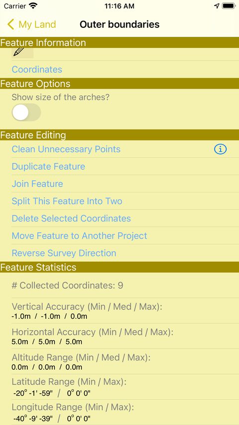 Feature editing screen with statistics and editing functions