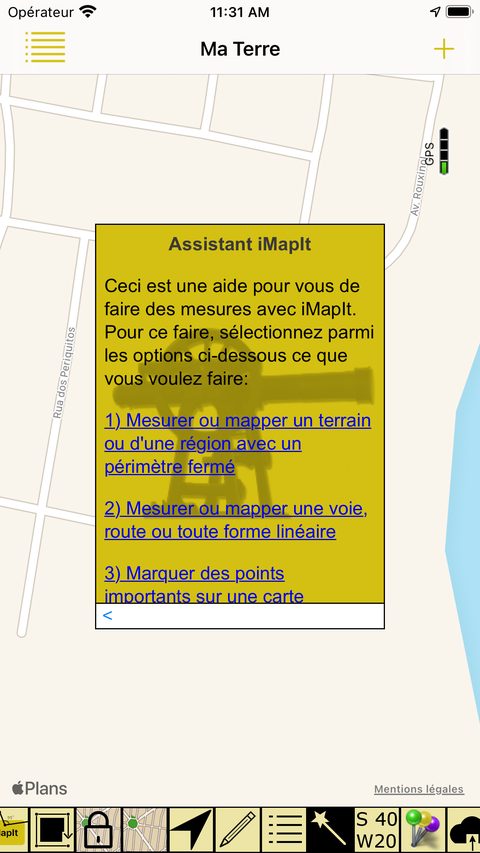 Écran de l'Assistant iMapIt avec les options de mesure