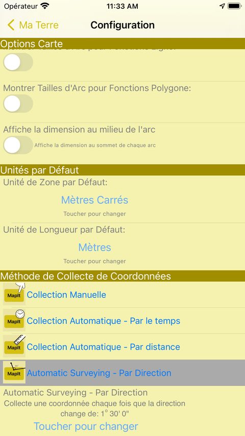 Écran de configuration avec les méthodes de collecte : manuelle, par le temps, par la distance et par la direction