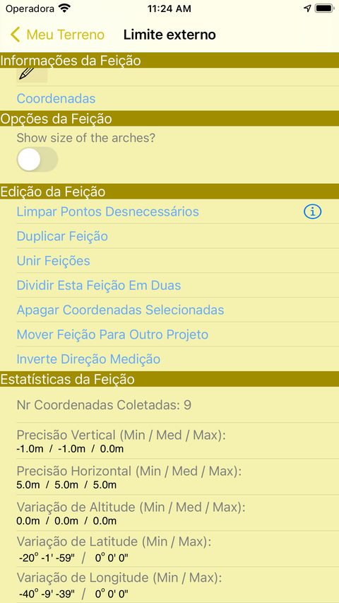 Tela de edição da feição com estatísticas e funções de edição
