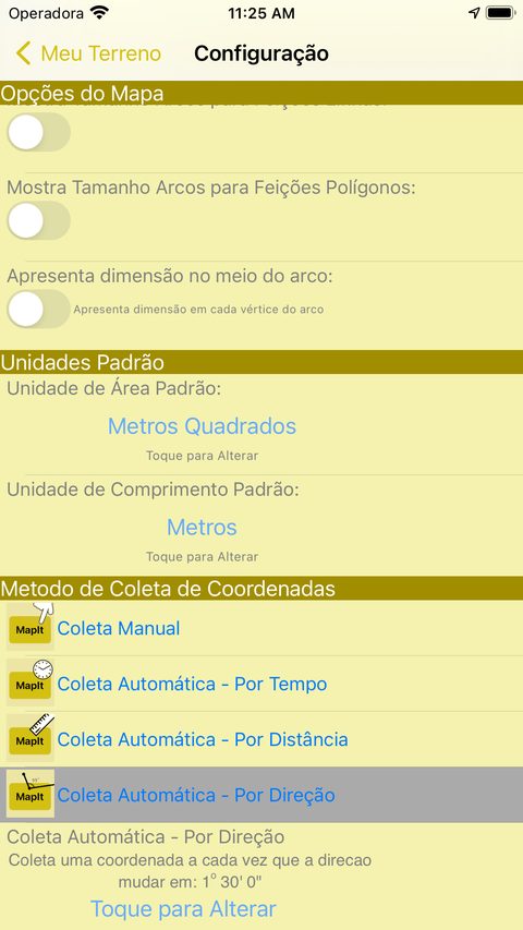 Tela de configuração com os métodos de coleta: manual, por tempo, por distância e por direção